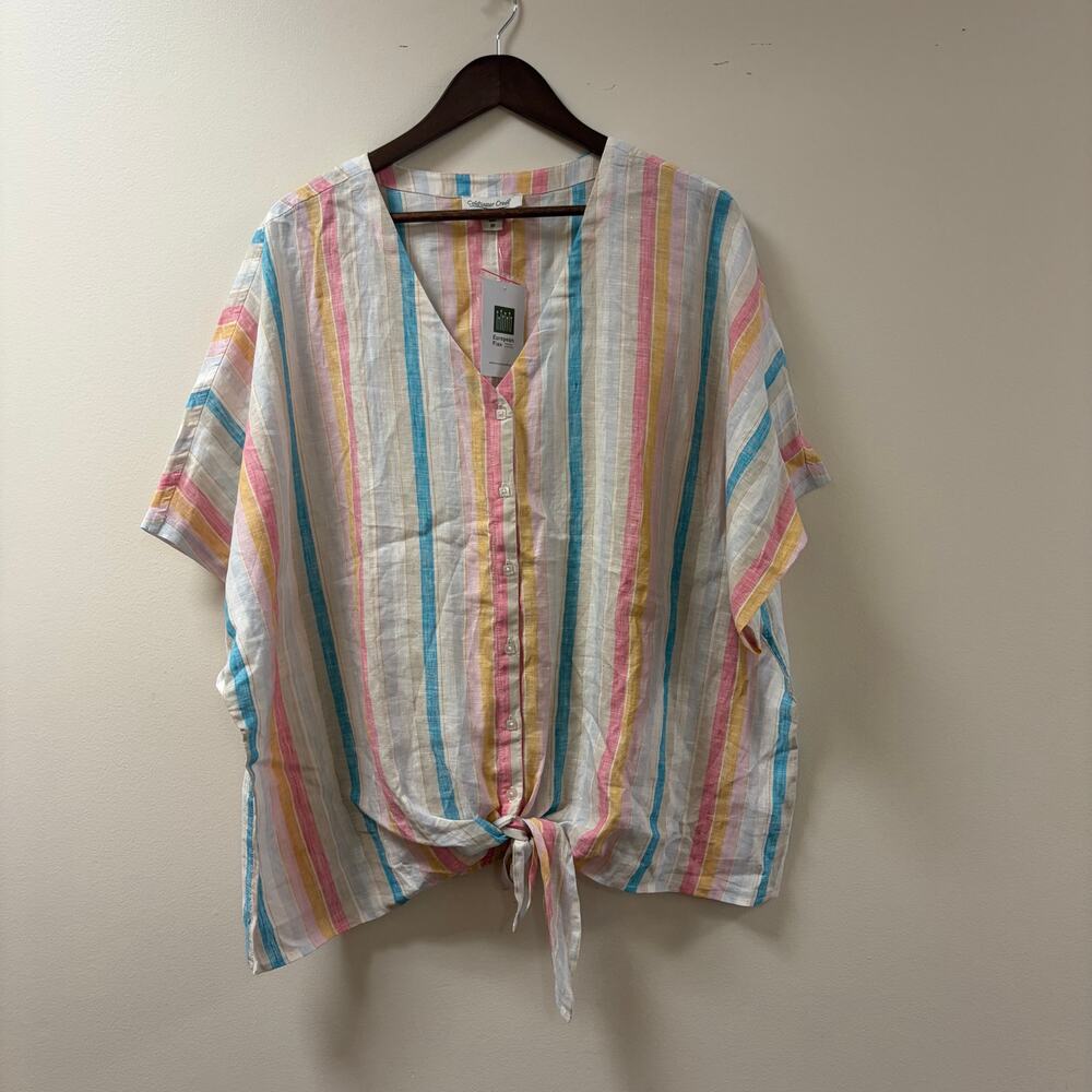 NEW Coldwater Creek European Linen Striped Tie Front Blouse Boho Beach Resort 3X